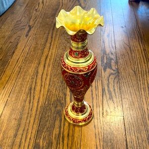 Gold Metal Islamic Floral Flower Vase with Red and green accents / heavy. 15 in